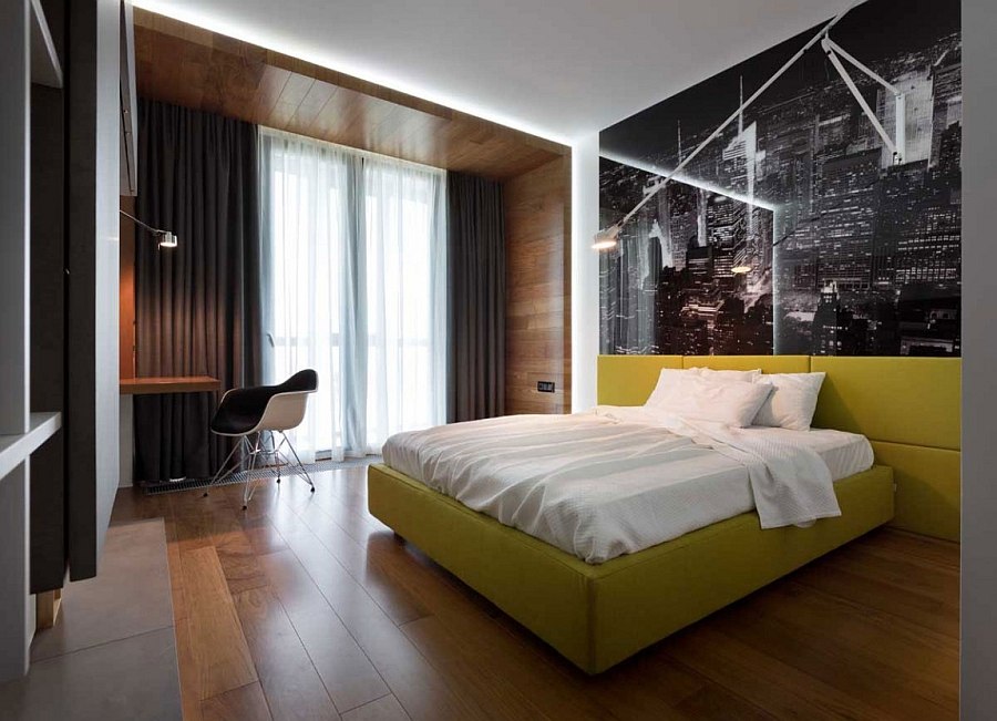 Exquisite bedroom with an exciting bed in yellow