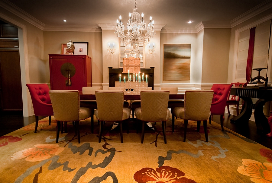 Exquisite dining room in gold and red [Design: Lucid Interior Design]