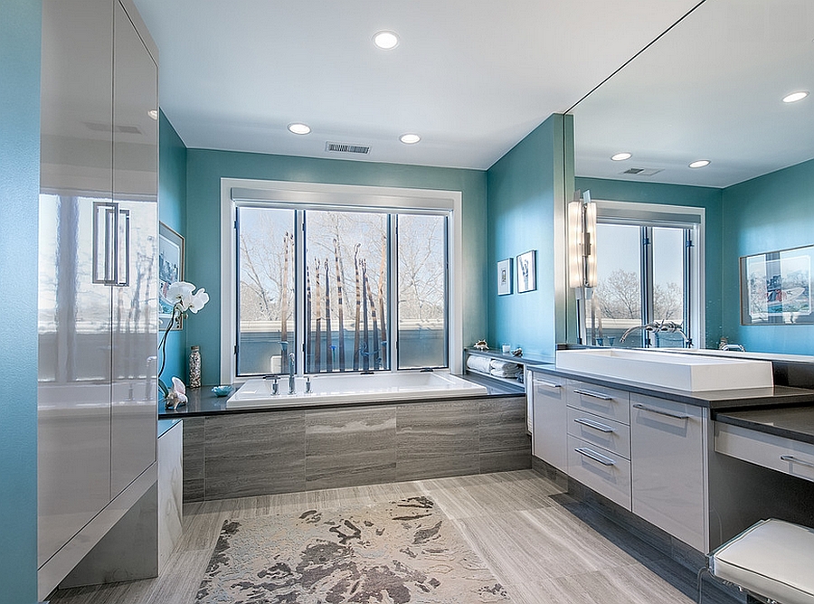 Exquisite modern bathroom in gray and turquoise [Design: Interior Intuitions]