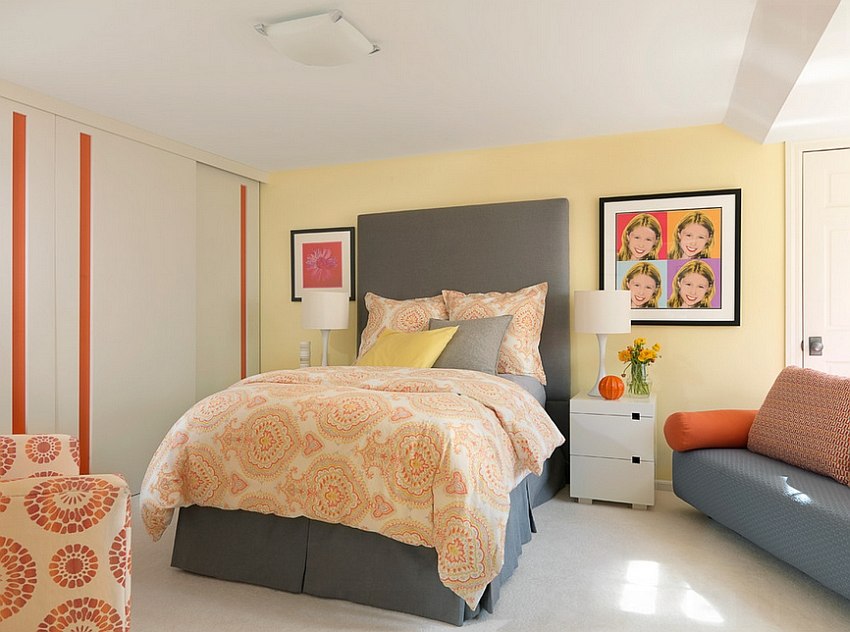 Exquisite use of gray, yellow and orange in the bedroom [Design: Directions In Design]