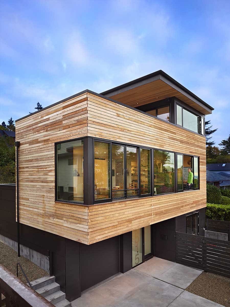 Exterior of the Cycle House in Seattle draped in wood