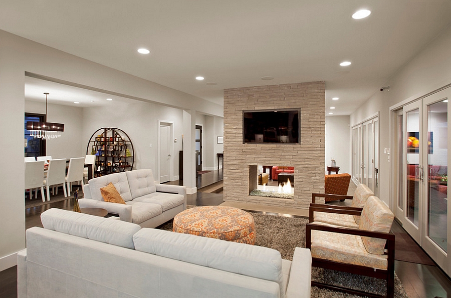 Fireplace serves both the living room and family area