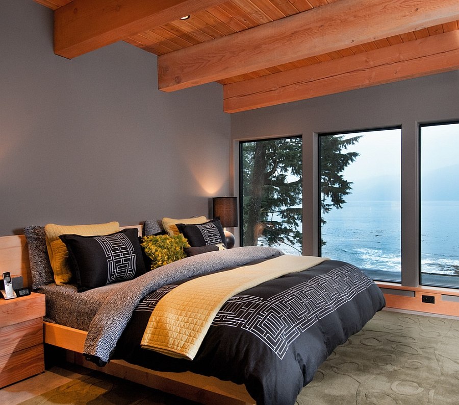 Gorgeous bedroom in gray with stunning view of the Pacific