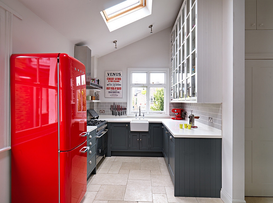 Gorgeous kitchen with gray shelves and a bright pop of red [From: Adam Butler Photography]