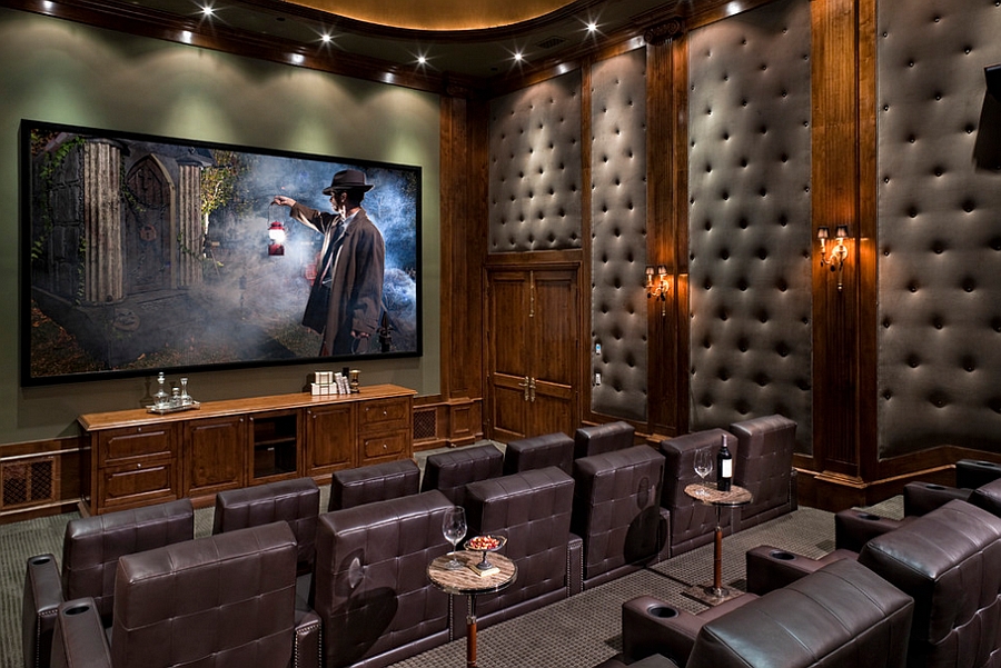 Gorgeous tufted wall panels improve the acoustics of home theater [Design: Jennifer Bevan Interiors]