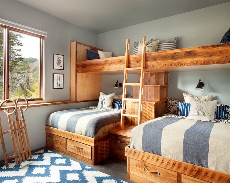 Hint of blue and silvery gray enliven the rustic bedroom