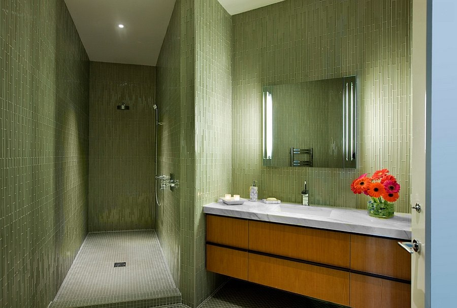 Hollywood Regency style bathroom with exquisite use of green tile [Design: Maienza - Wilson Interior Design + Architecture]