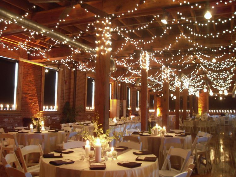 Indoor wedding with string lights