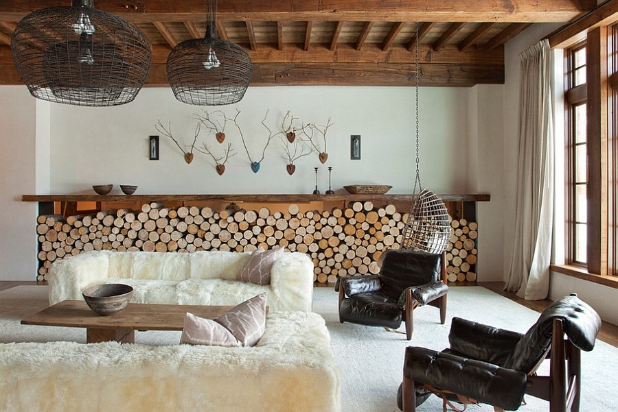 Ingenious firewood storage complements the low-slung style of the room [Design: On Site Management]