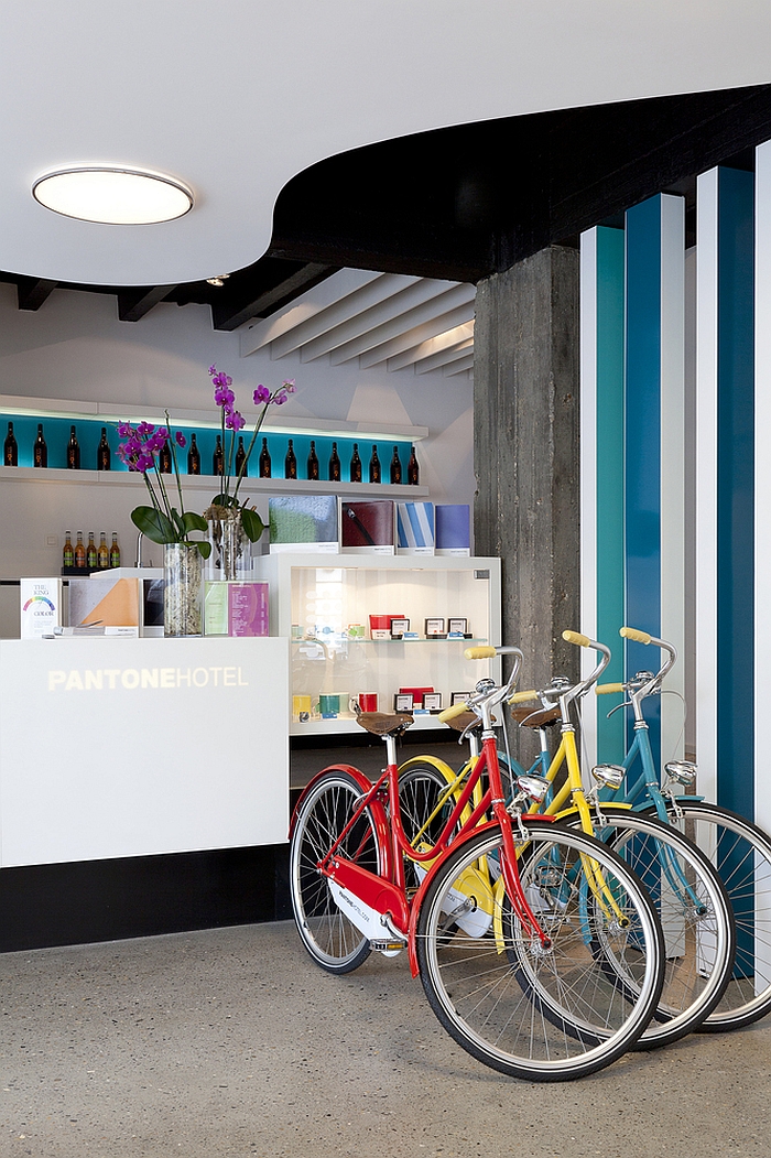 Inimitable entrance of the hotel with painted bicycles