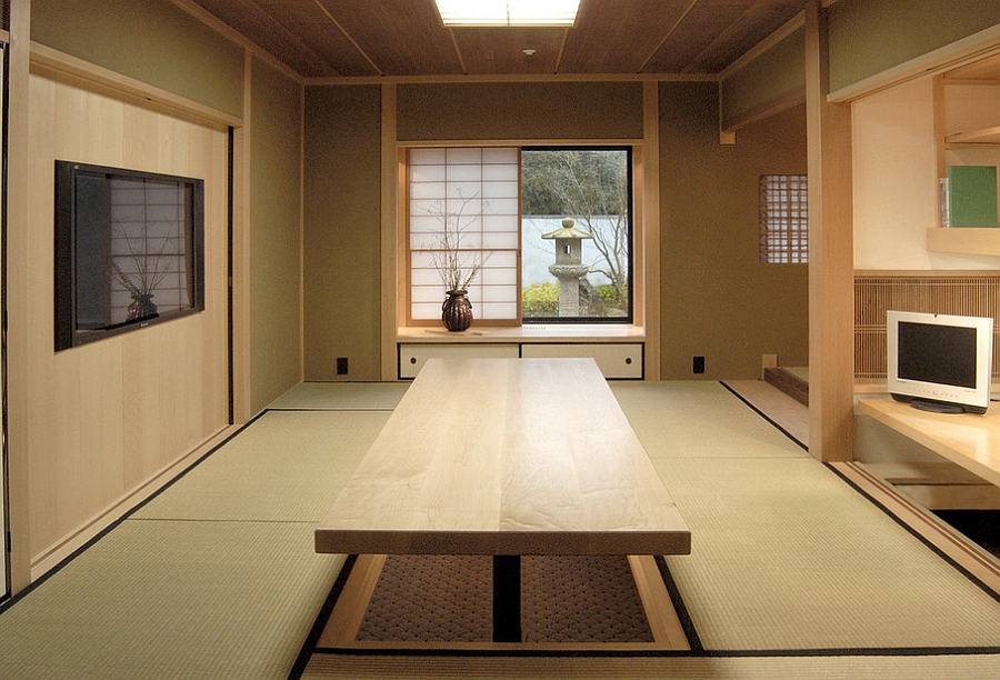 Japanese style home office with a hydraulically controlled desk