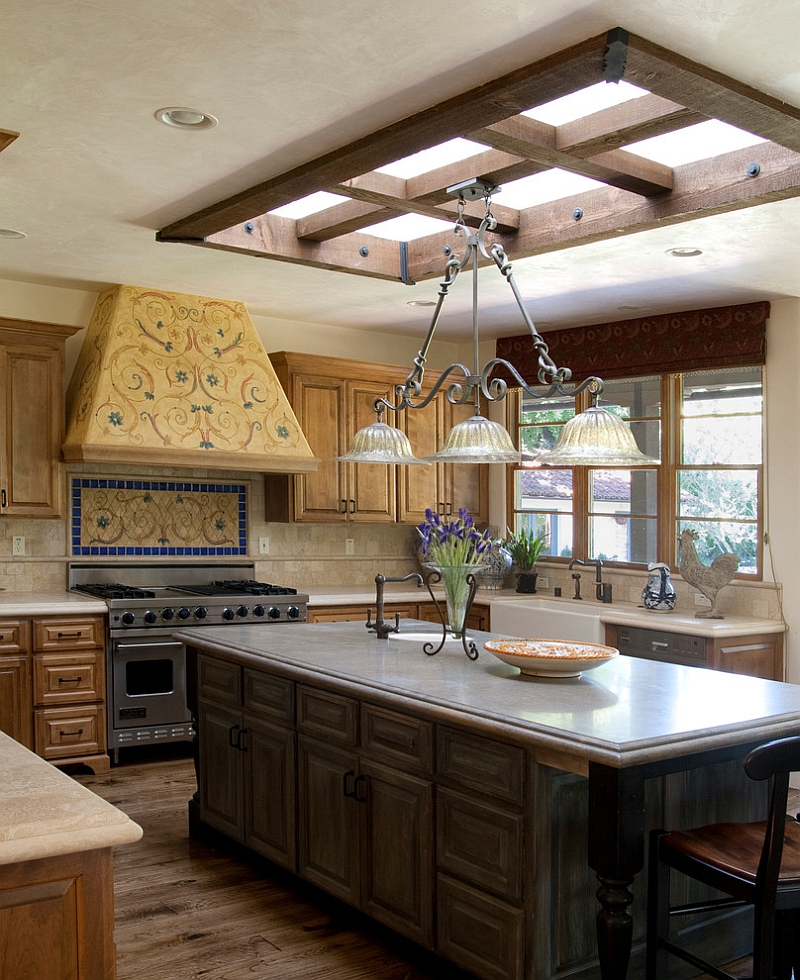 Lovely skylight blends in with the style and theme of the room