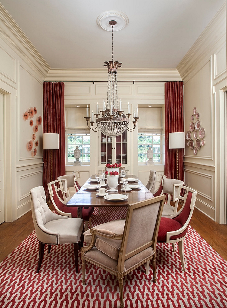 Lovely use of drapes and rug to usher in some red