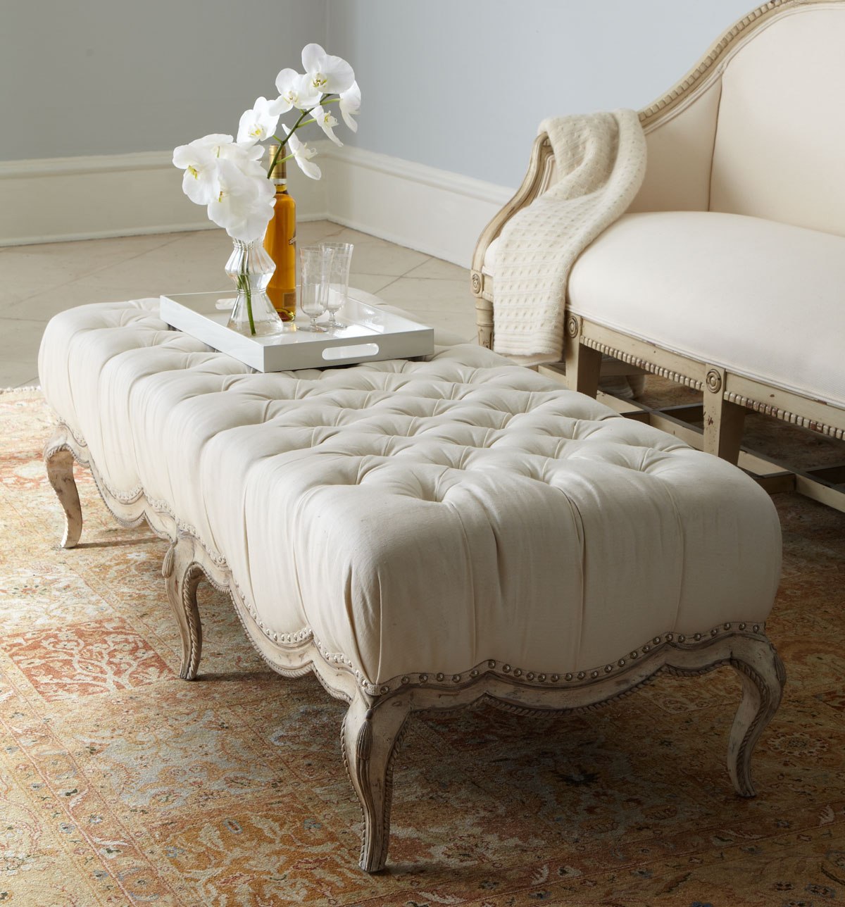 Beige Fabric All Over Button Tufted Round Ottoman Coffee Table