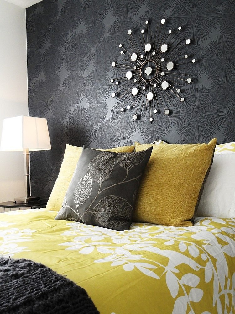 Yellow grey and store black bedroom