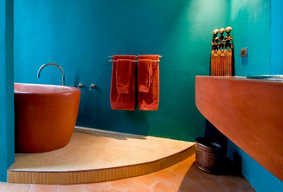 Modern Mexican style bathroom in cool turquoise and orange [Design: House + House Architects]