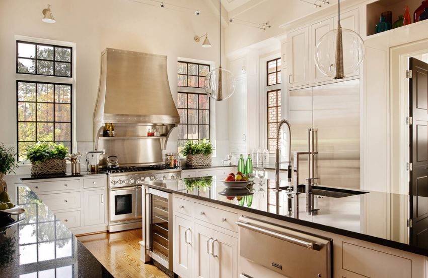 Modern pendant lighting in an open kitchen