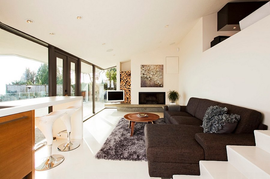 Niche with firewood makes quite a visual impact in the large family room