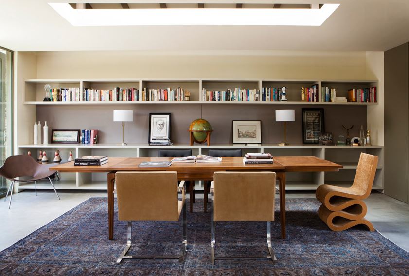 Overdyed rug in a modern home office