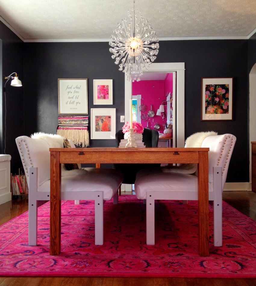Overdyed rug in a vibrant modern dining room