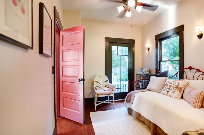 Painted door in a farmhouse bedroom