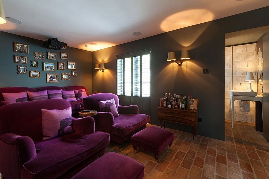 Plush purple seating in the large home theater