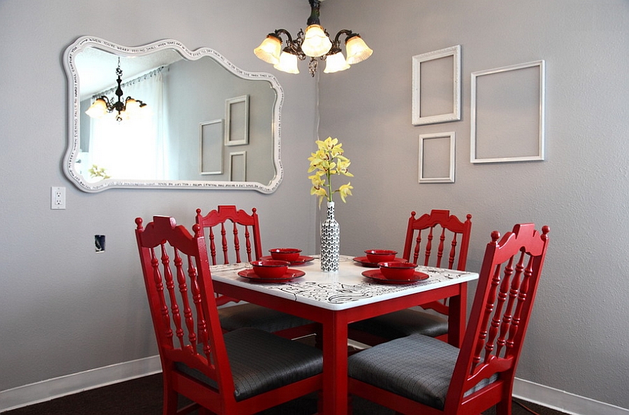 dining room set with red chairs