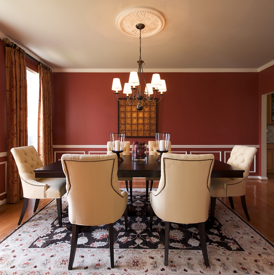 Red dining room walls with a touch of white