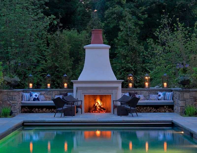 Seating next to the fireplace doubles as firewood storage space