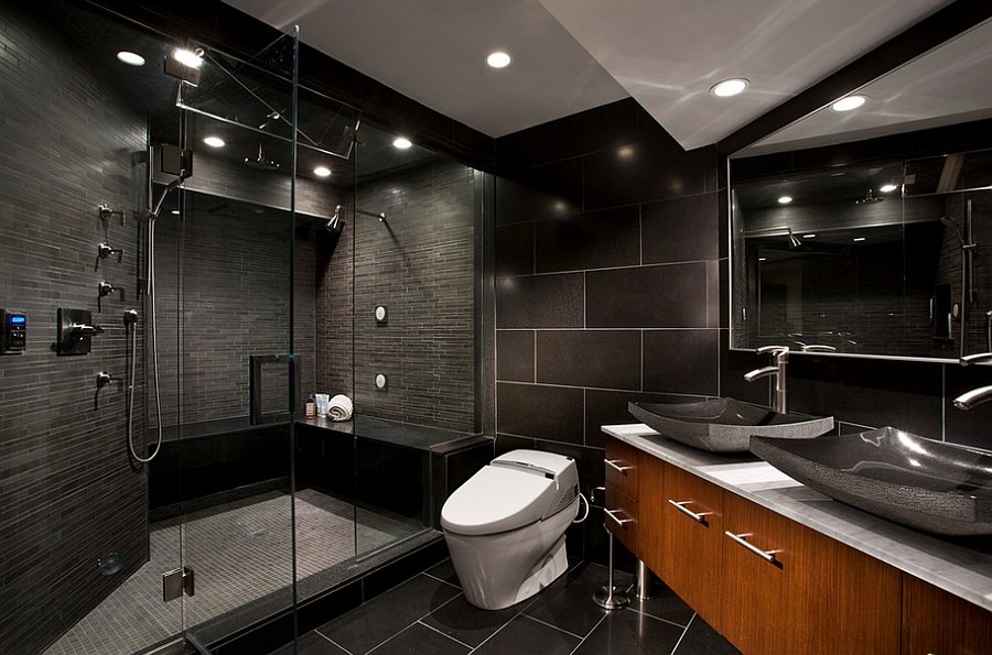 Shower tiles bring cool textural contrast to the gorgeous bathroom