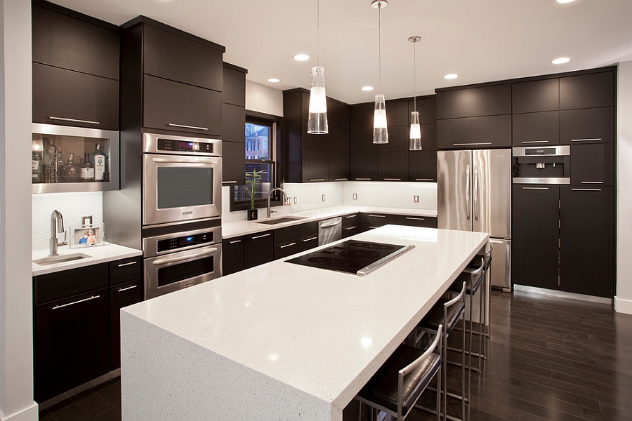 Simple kitchen layout with neutral colors and ergonomic shelves