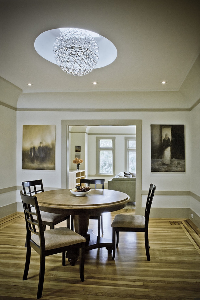 Skylight used along with pendant to light up the traditional dining room