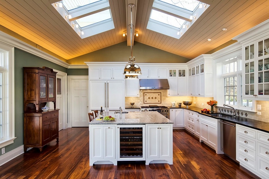 Skylights bring drama to this traditional kitchen [Design: Cathy Knight of Knight Architects]