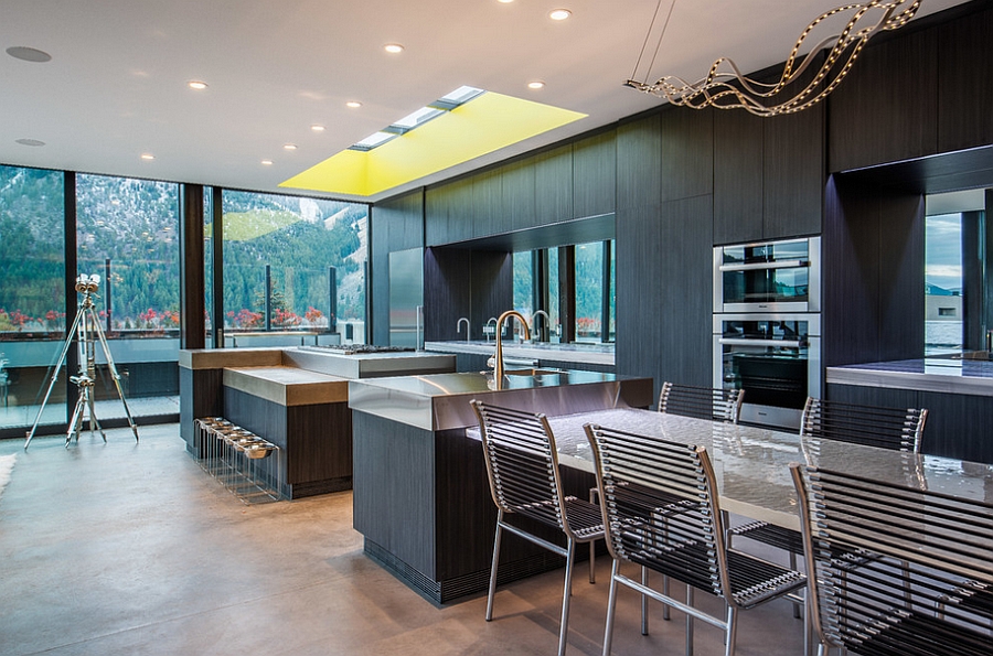 Sleek contemporary kitchen design with a skylight