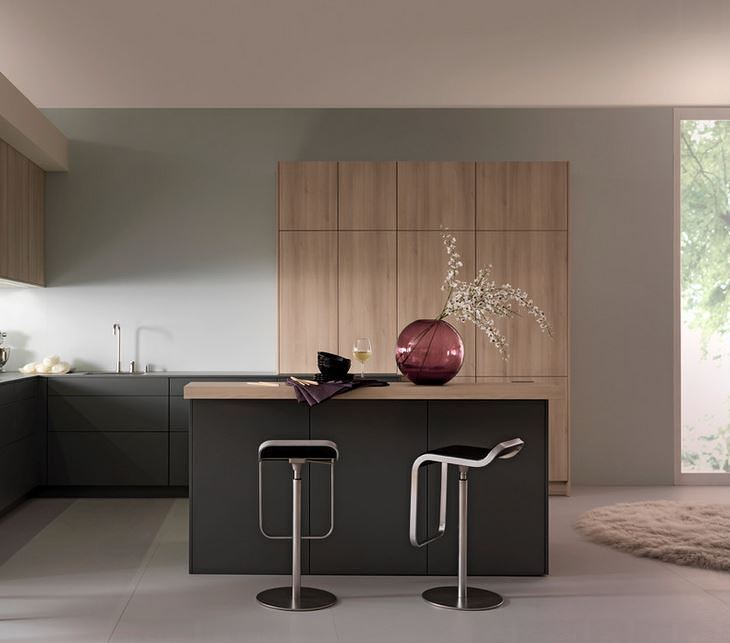 Sleek kitchen with a marsala vase