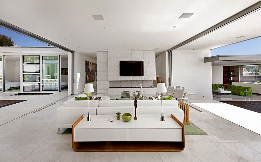 Sliding glass doors blur the lines between the interior and outdoors