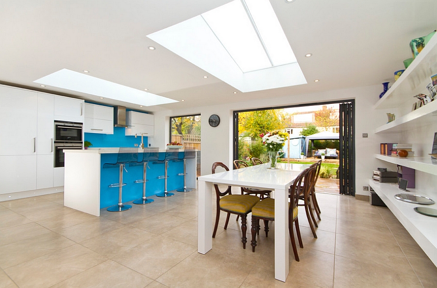 Smart skylights for both the dining space and the kitchen [Chris Snook Photography]