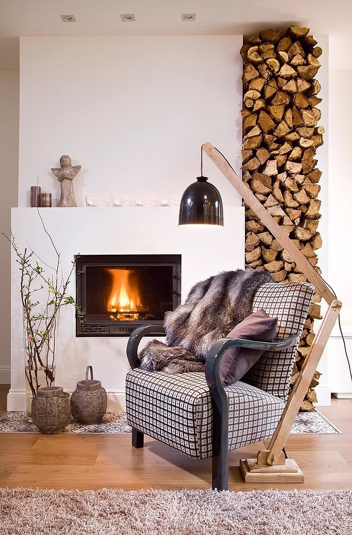 Stacked wood shapes a brilliant backdrop for the cozy reading spot