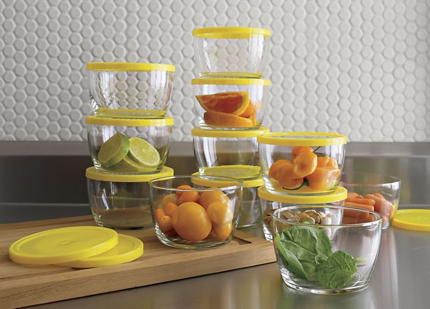 Storage bowls with yellow lids from Crate & Barrel