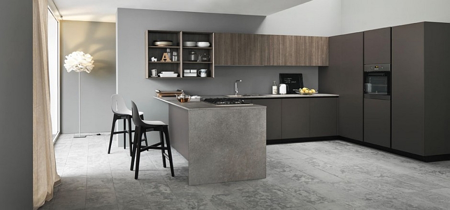 Stylish kitchen island adds textural contrast to the space