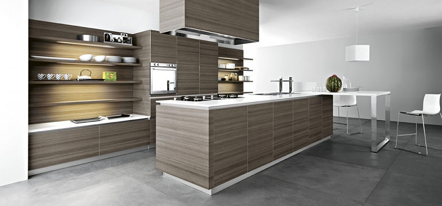 Teak adds warmth and beauty to the classy contemporary kitchen