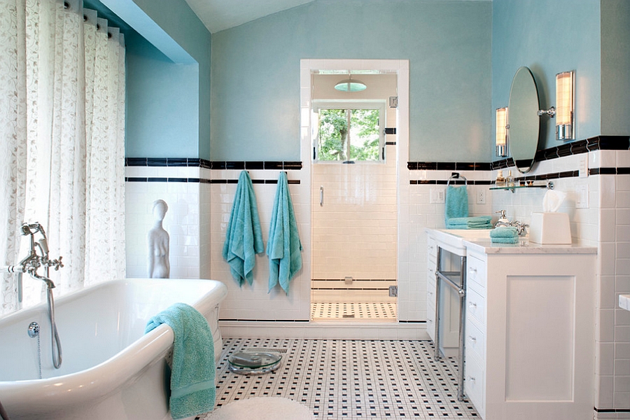 Traditional bathroom in turquoise, black and white