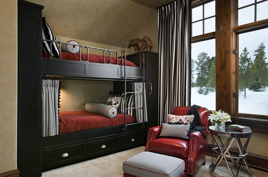 Traditional bedroom with bunk beds inspired by the classic winter cabin look