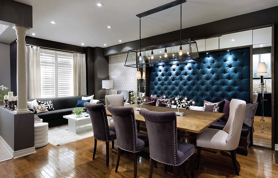 Tufted wall adds color and drama to the banquette