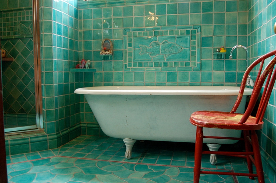 Turquoise and orange make a fun combination in the bathroom [Design: Filmore Clark]