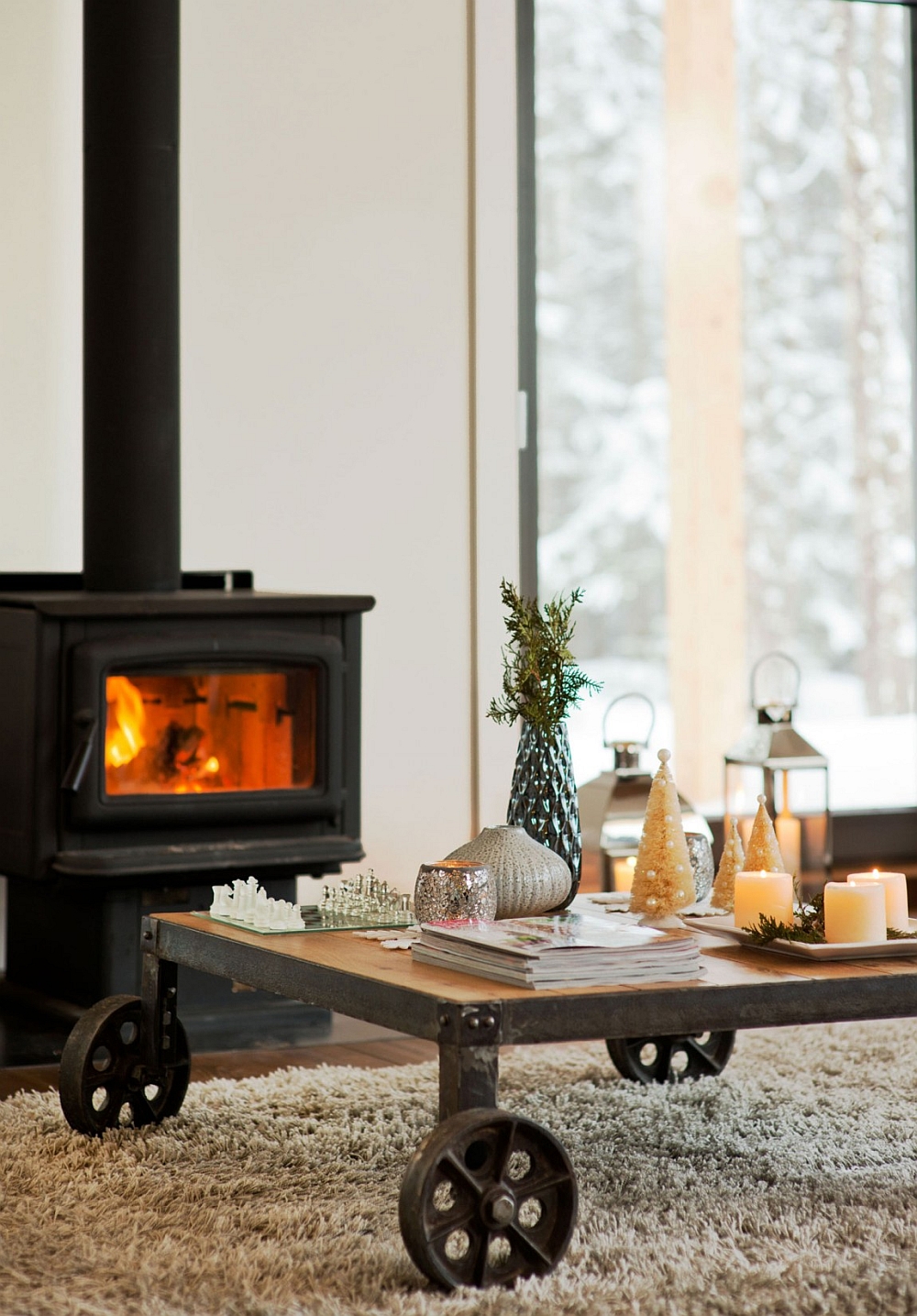 Vintage coffee table on wheels crafted from salvaged materials