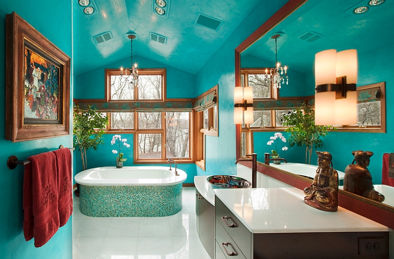 Walls in Venetian Plaster add texture to the gorgeous master bathroom [From: Susan E. Brown Interior Design]