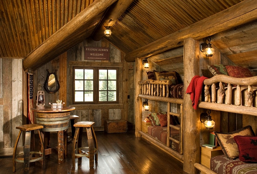 Walls sconces add to the elegant rustic vibe in the kids' bedroom [Design: Montana Build]