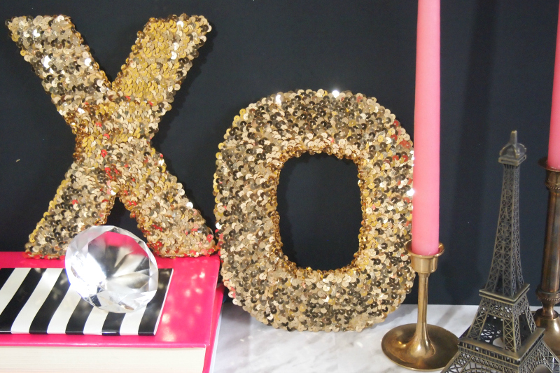 XO sequinned letters with  chic pink accessories