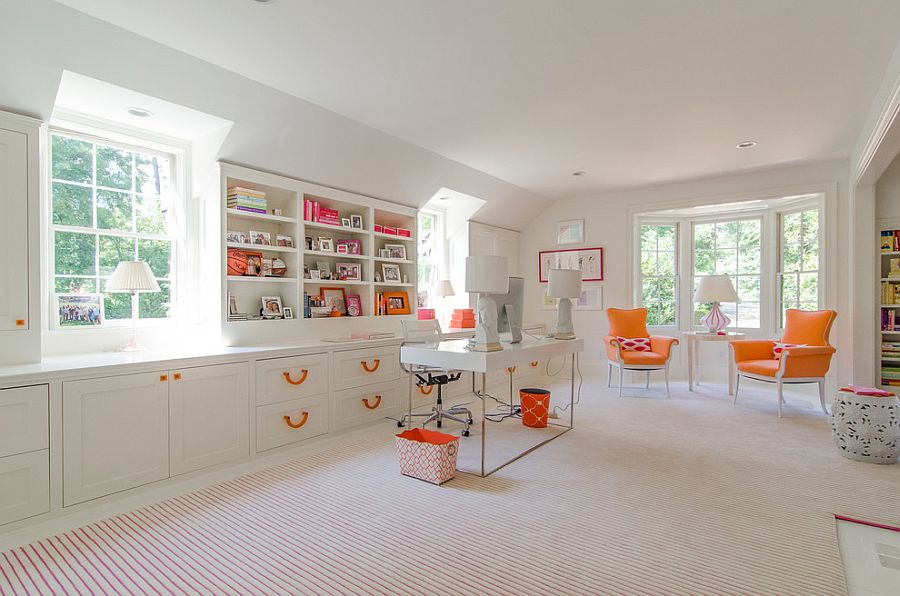 A restrained touch of orange brings brightness to the home office